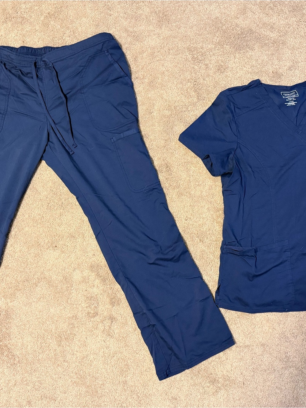Cherokee Navy Workwear Top and Drawstring Flare-Leg Scrub Set
